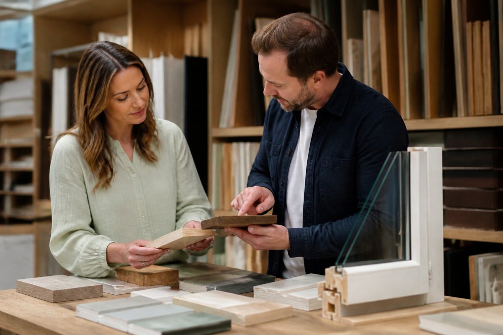 Homeowner and designer discussing bespoke timber window samples and design options at a bright workshop showroom with timber samples displayed on shelves