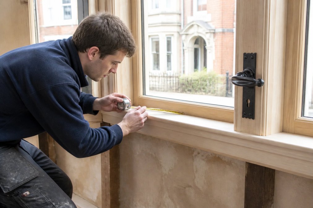 Craftsperson measuring and fitting a custom timber window frame in a Victorian-era home, showing precision work with measuring tools and attention to detail in natural light