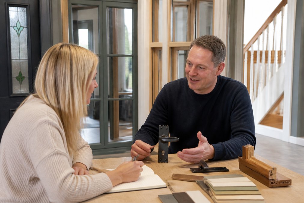 Homeowner consulting with a joinery expert in a showroom filled with door and window samples, discussing project specifications and taking notes