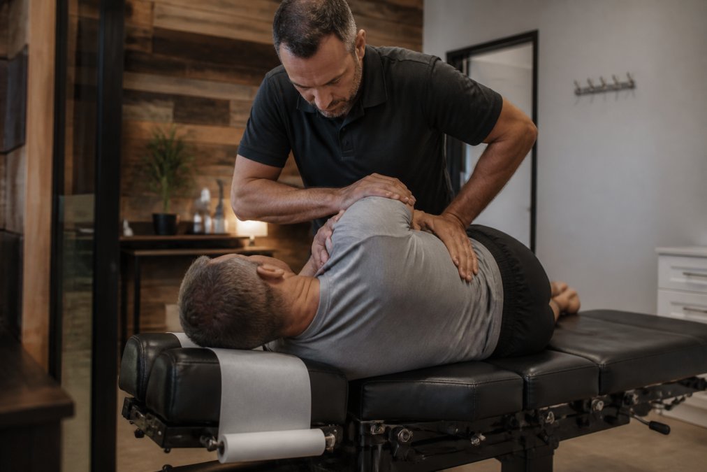 Chiropractor performing personalized adjustment on middle-aged patient in private clinic room, patient in relaxed position with chiropractor focused on precise spinal alignment and joint positioning, warm clinical lighting