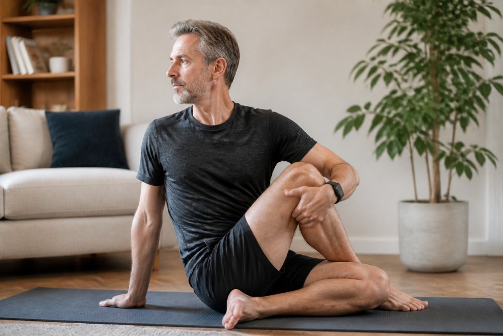 Active adult in their 50s performing therapeutic stretching exercises at home, demonstrating proper posture and form with calm focused expression, natural home lighting, exercise mat visible