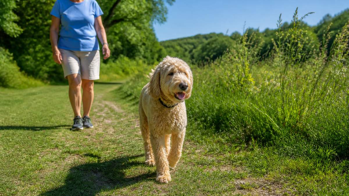 Infographic showing a step-by-step guide for low-impact daily movement exercises to improve senior dog mobility.