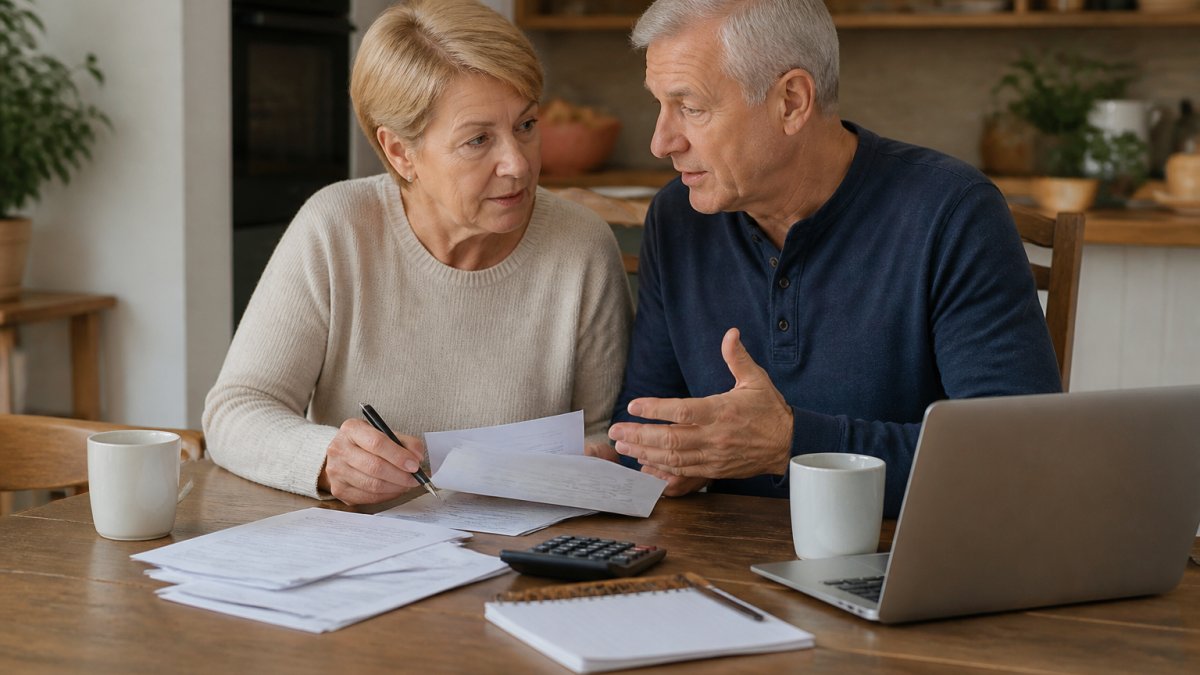 Mature couple sitting at a kitchen table with financial documents, calculator, and laptop, discussing their retirement budget together with coffee nearby
