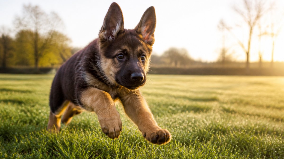 A young German Shepherd puppy mid-stride on a dew-covered lawn at golden hour, ears forward and front paws extended in a running pose