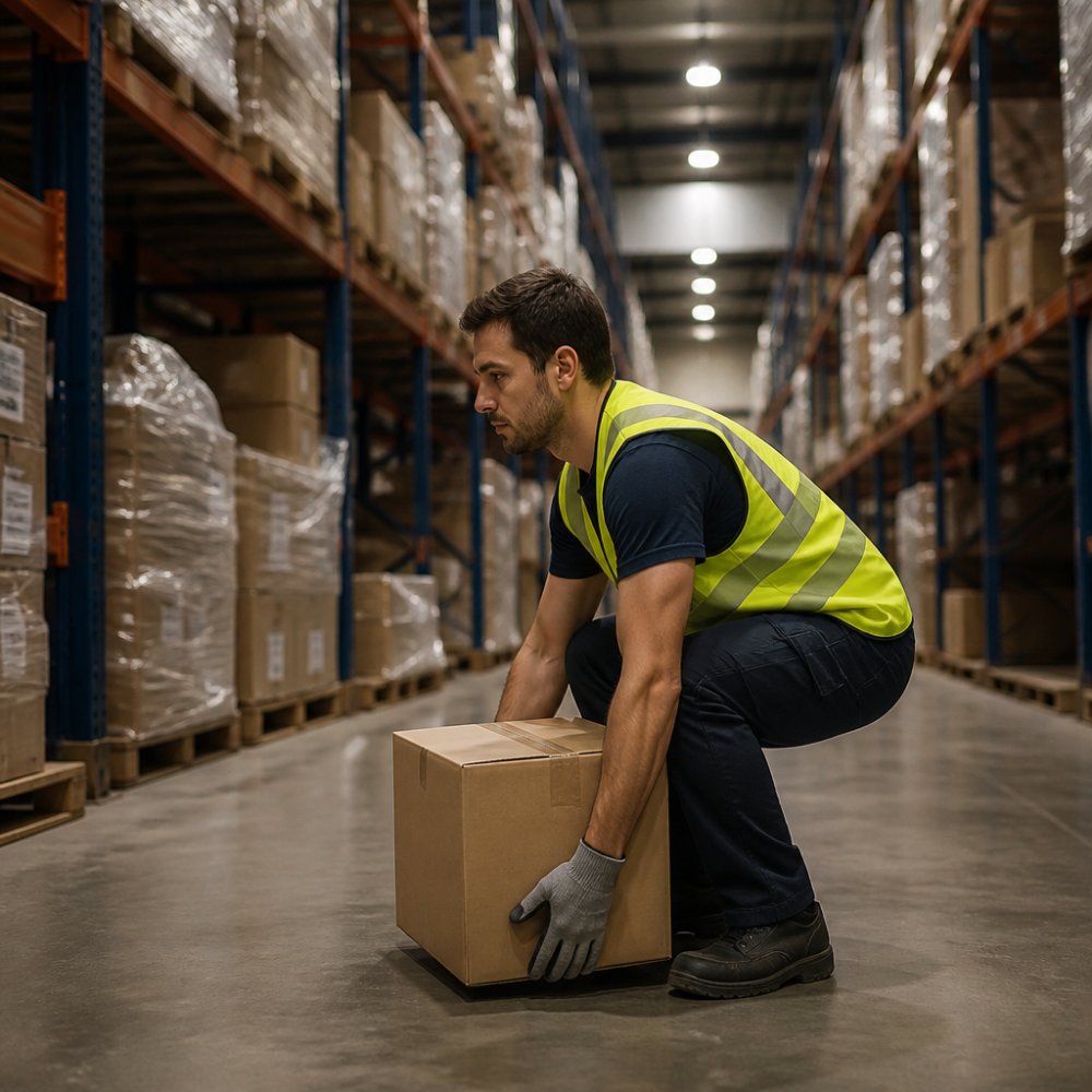 A warehouse worker in a safety vest and work gloves demonstrating proper lifting form, knees bent, back straight, lifting a box from floor level in a distribution center aisle with overhead lighting