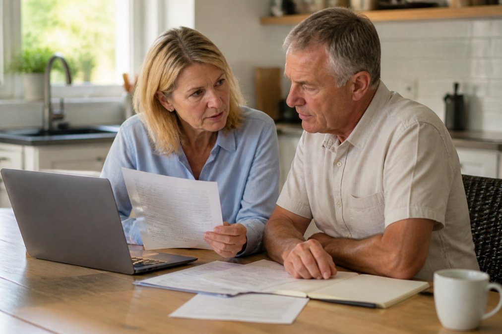 Couple reviewing financial documents on a laptop to understand why joint retirement accounts are not possible.
