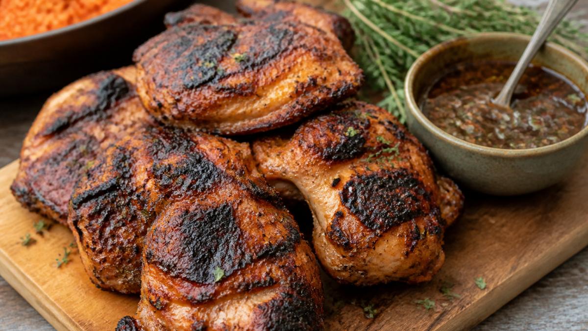 Close-up of charred, juicy grilled chicken thighs with visible grill marks resting on a wooden board, with a small bowl of marinade and fresh herbs nearby