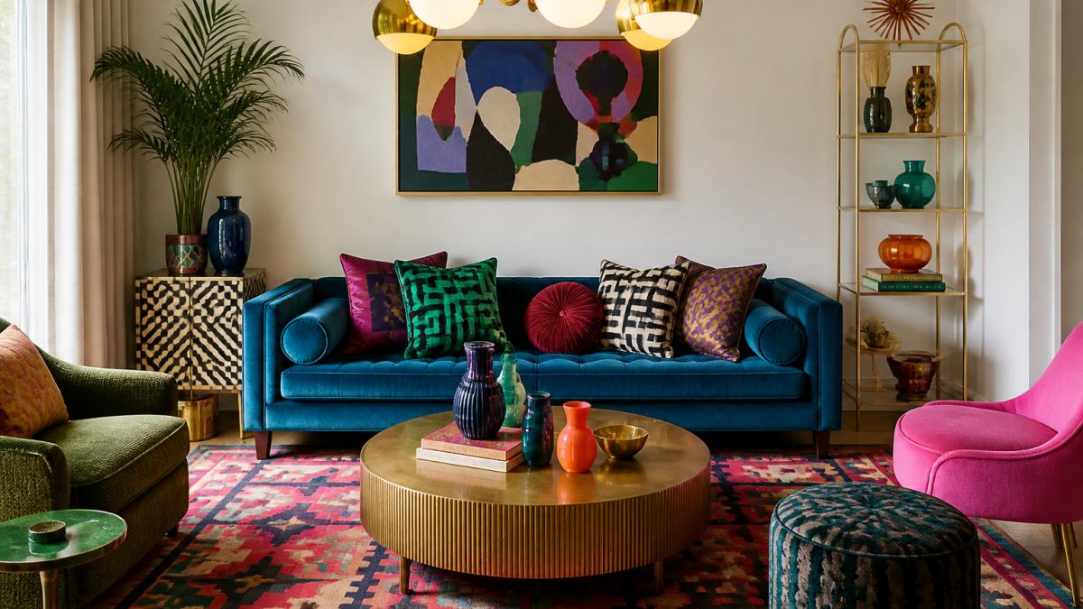 Styled living room featuring eclectic decor with bold geometric patterned pillows in jewel tones, sculptural ceramic vases in saturated colors, colorful patterned area rug, and statement pendant lighting with warm brass fixtures