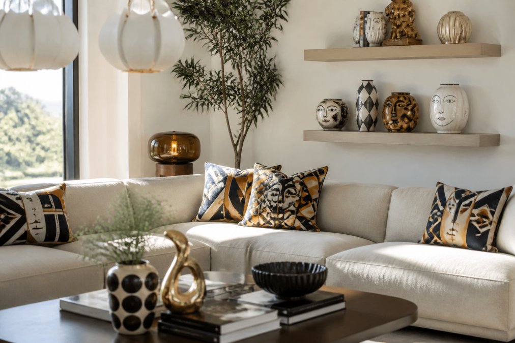Modern living room featuring bold sculptural lighting, vibrant geometric patterned pillows, and artistic face motifs on ceramic vases arranged on floating shelves with natural afternoon light streaming through large windows