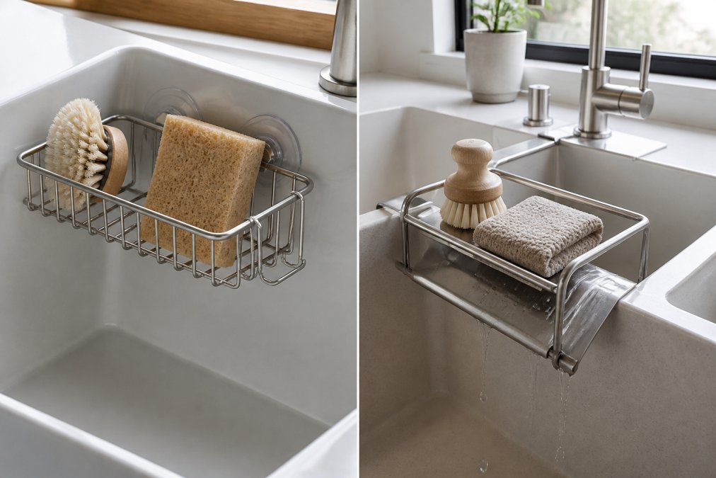 Close-up of a stainless steel sink caddy resting over the divider of a modern white kitchen sink, holding a sponge and brush, with an angled drain tray directing water back into the sink basin under bright natural window light