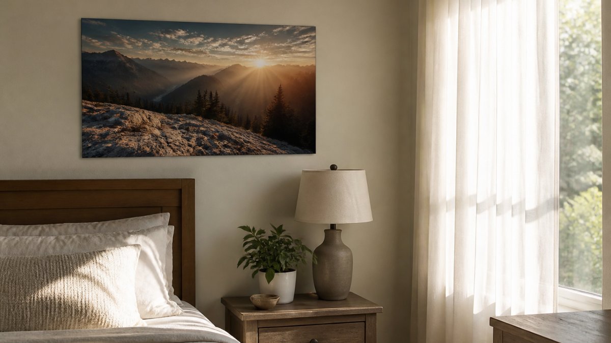Modern bedroom with Go Anyway acrylic wall art displayed above a wooden nightstand, soft morning light filtering through sheer curtains, creating a calm and inspiring morning space