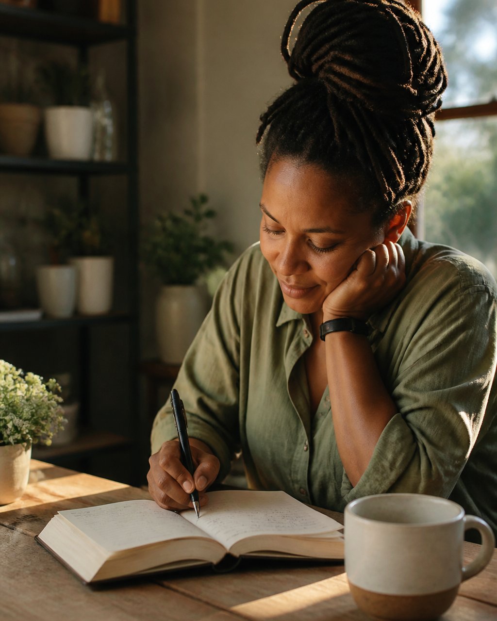 Educator writing in an open journal at a sunlit desk with a warm beverage