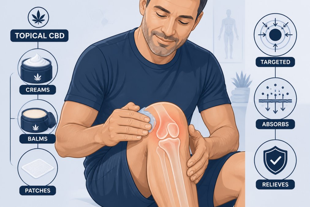 Close-up of hands carefully applying a topical CBD balm or freeze gel to an inflamed knee joint, with the person's face showing visible relief and comfort in a bright, clinical wellness setting