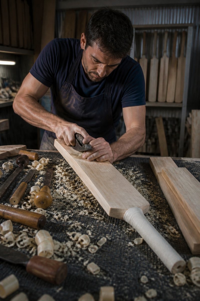 Professional craftsperson carefully shaping and finishing a cricket bat in a workshop, showing hand tools, wood shavings, and precision detail work under workshop lighting