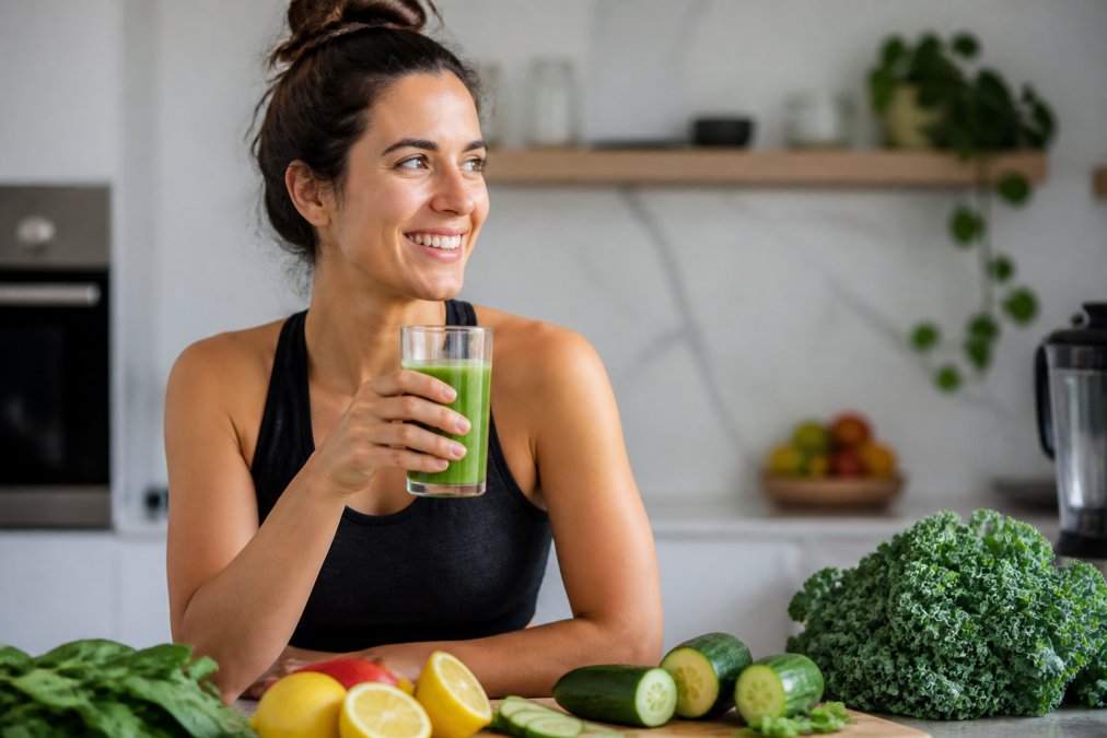A person holding a glass of fresh green juice at a kitchen counter with fresh kale, cucumbers, and lemons nearby, bright natural morning light