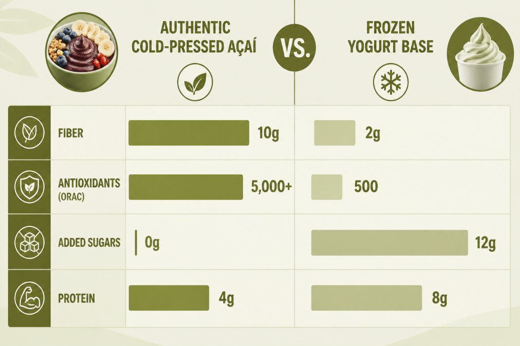 Bar chart comparing nutritional profiles: authentic cold-pressed açaí (fiber 10g, antioxidants 5,000+ ORAC, added sugars 0g, protein 4g) vs. frozen yogurt base (fiber 2g, antioxidants 500 ORAC, added sugars 12g, protein 8g)
