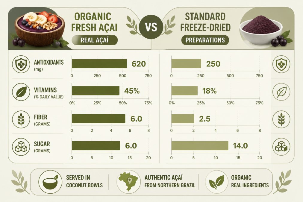 Bar chart comparing key nutrients in açai bowls: antioxidants (mg), vitamins (% daily value), fiber (grams), and sugar content (grams) for organic fresh açai vs standard freeze-dried preparations