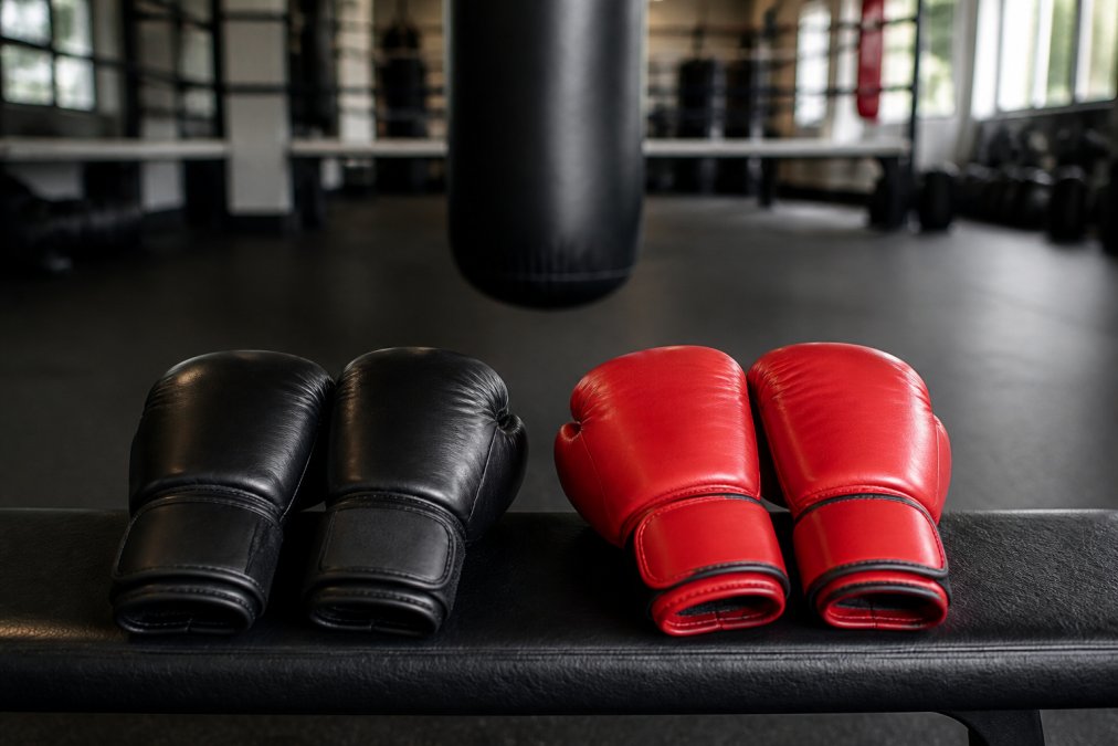 Twee paar bokshandschoenen naast elkaar op een gymbank, een lichter paar en een zwaarder paar, met een bokszak zichtbaar op de achtergrond in een verlichte sportschool