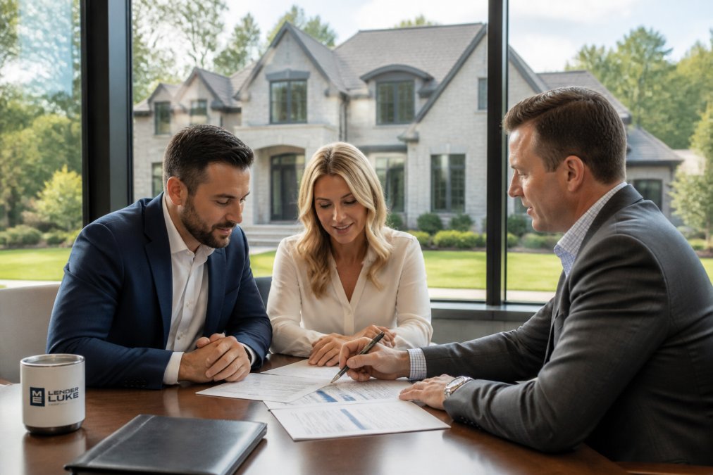 Couple reviewing jumbo loan requirements with a mortgage advisor in a luxury office with a view