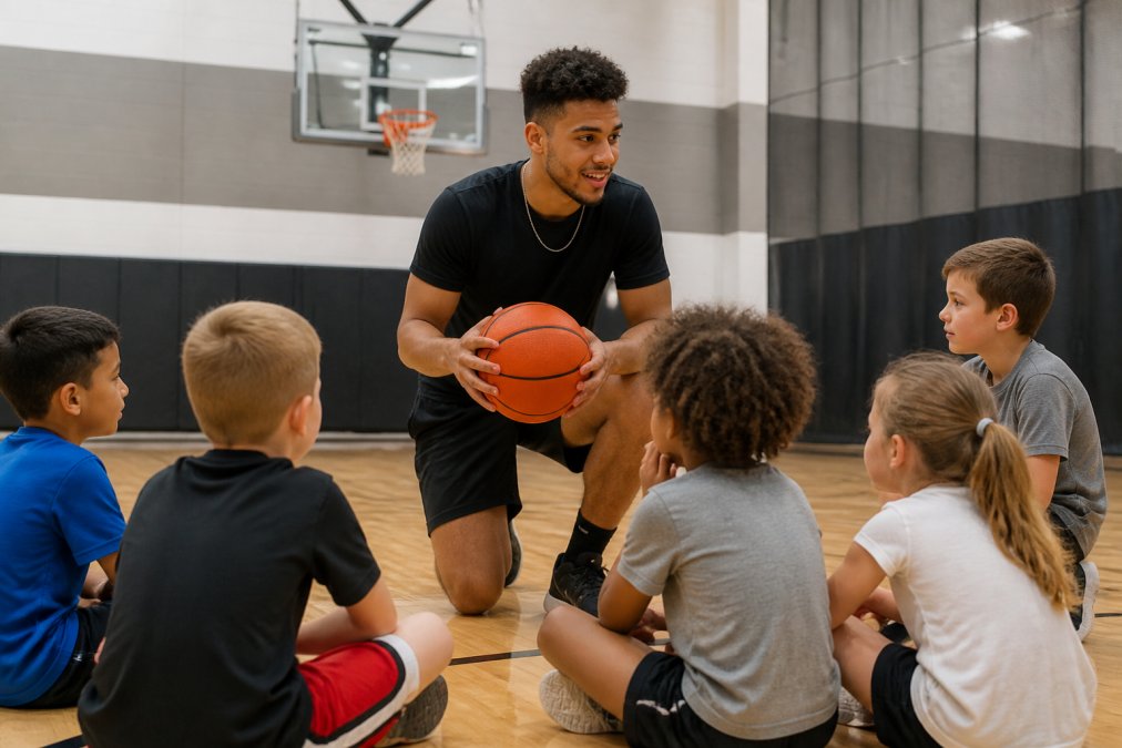 A young coach kneeling to talk with a group of children aged 6-8 on an indoor basketball court, holding a ball and smiling, bright gymnasium lighting