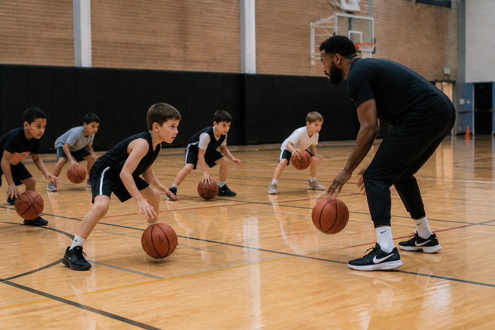 Young basketball players practicing dribbling drills on an indoor court with a coach demonstrating proper technique, natural gymnasium lighting illuminating focused young athletes