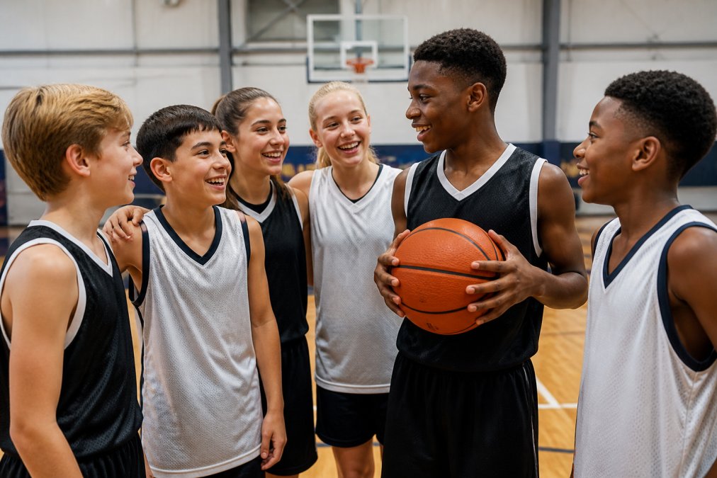 A diverse group of youth basketball players in team jerseys standing together on court, showing teamwork and community engagement, natural gymnasium lighting