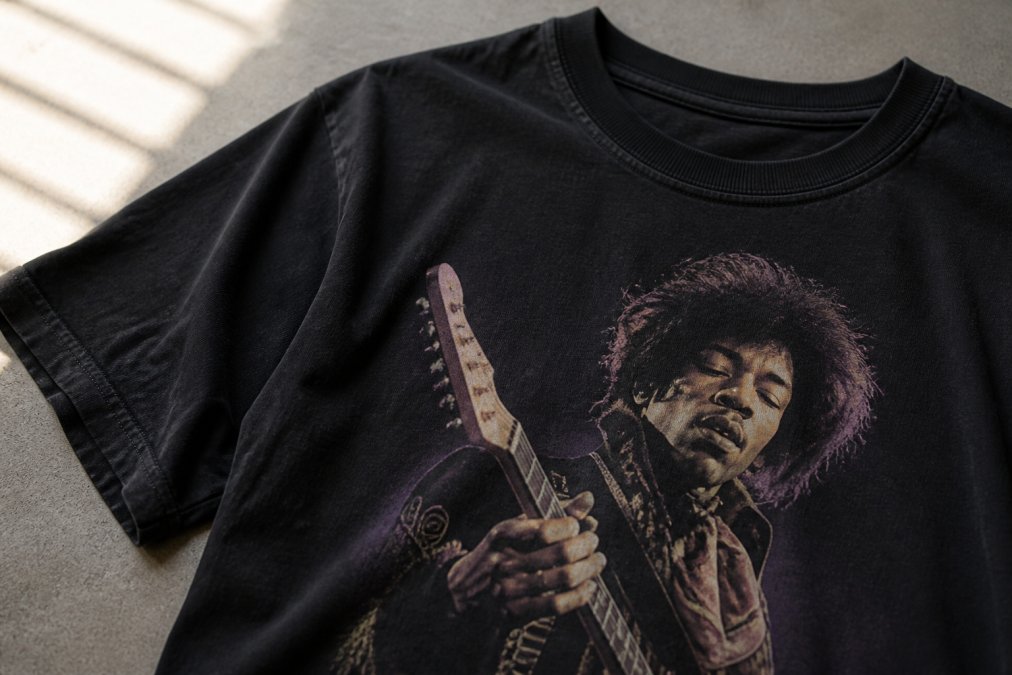 Close-up of vintage-inspired graphic band tee laid flat on neutral surface, showing detailed screen-printed artwork of iconic rock musician, visible stitching quality, and fabric texture under natural window lighting