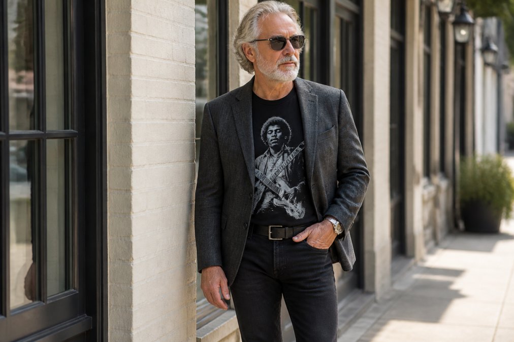 Person in their late 50s wearing vintage-inspired classic rock graphic tee styled casually with dark fitted jeans and structured blazer, standing in natural sunlight with confident posture