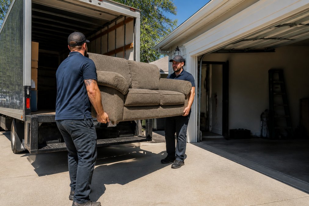 Hoosier Junk Daddy crew loading an old sofa into a truck, a reliable junk king alternative for local hauling.
