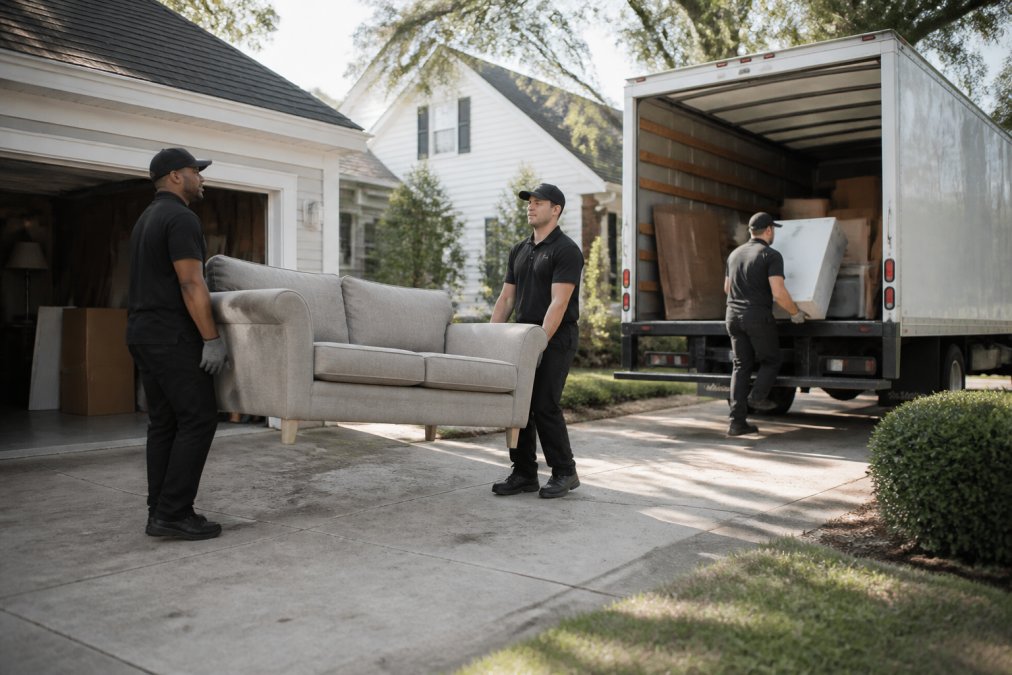 Two uniformed junk removal crew members in gloves carrying an old sofa and a boxed appliance out of a residential garage toward a box truck parked in the driveway on a sunny day