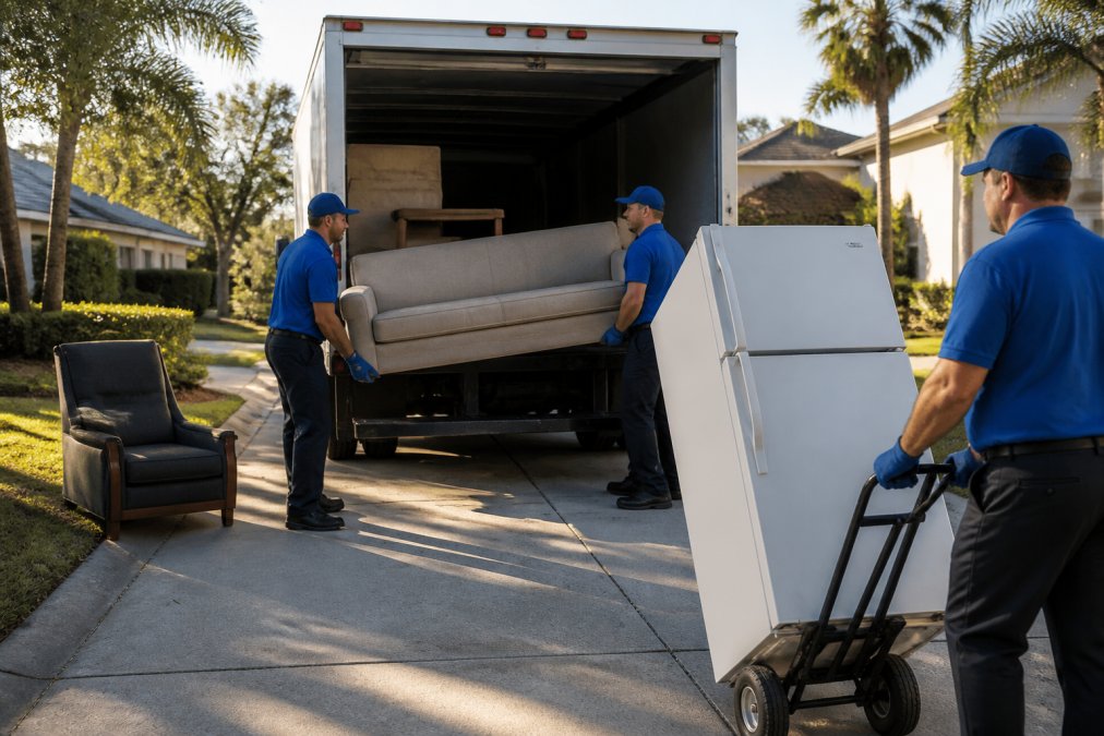 Professional junk removal team in branded uniforms loading furniture and a refrigerator into a truck in a residential driveway with clear morning lighting