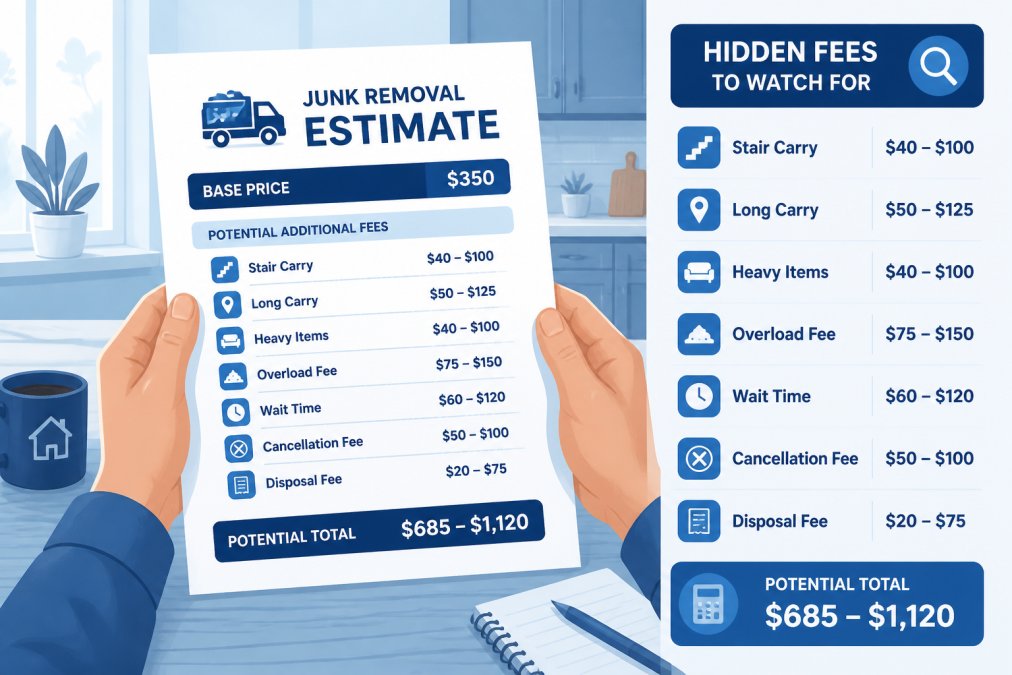 Close-up of a homeowner's hands holding and reviewing a detailed junk removal estimate document at a kitchen table with natural window lighting