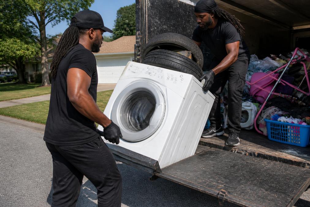 Professional junk removal crew loading bulky furniture and old appliances into a truck bed, showing the physical labor involved in hauling services on a sunny residential driveway