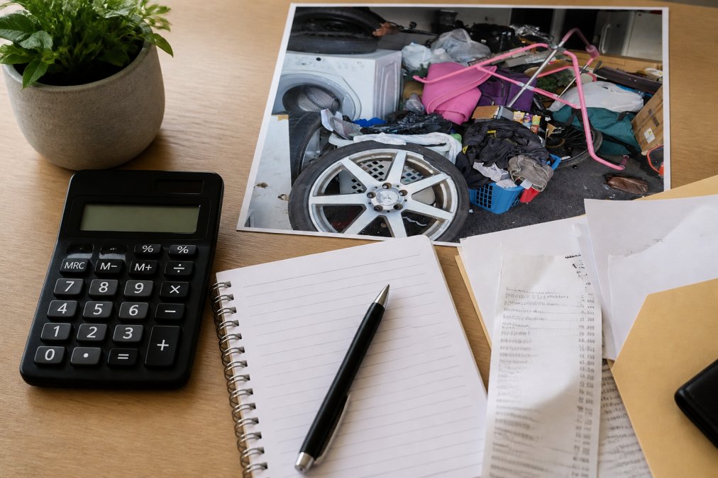 Cluttered residential garage and basement filled with old furniture, broken appliances, construction debris, and miscellaneous bulk trash scattered throughout, awaiting removal