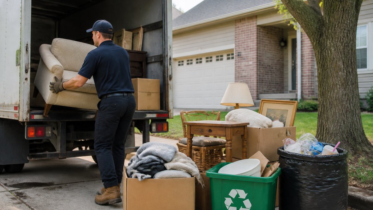 A junk removal crew member in work clothes loading a gently used armchair and boxed household items into a truck, with clearly separated piles of donate, recycle, and trash items visible in a driveway
