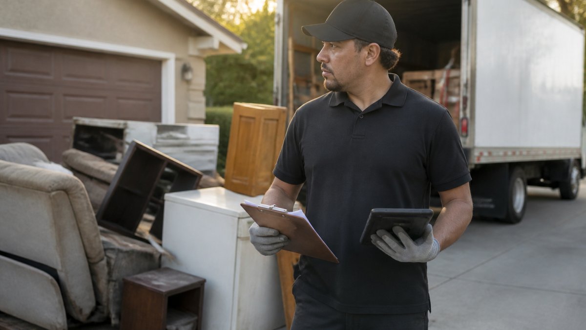 A junk removal professional holding a clipboard and tablet, standing in a residential driveway in front of a pile of old furniture and appliances, box truck parked behind, late afternoon sunlight