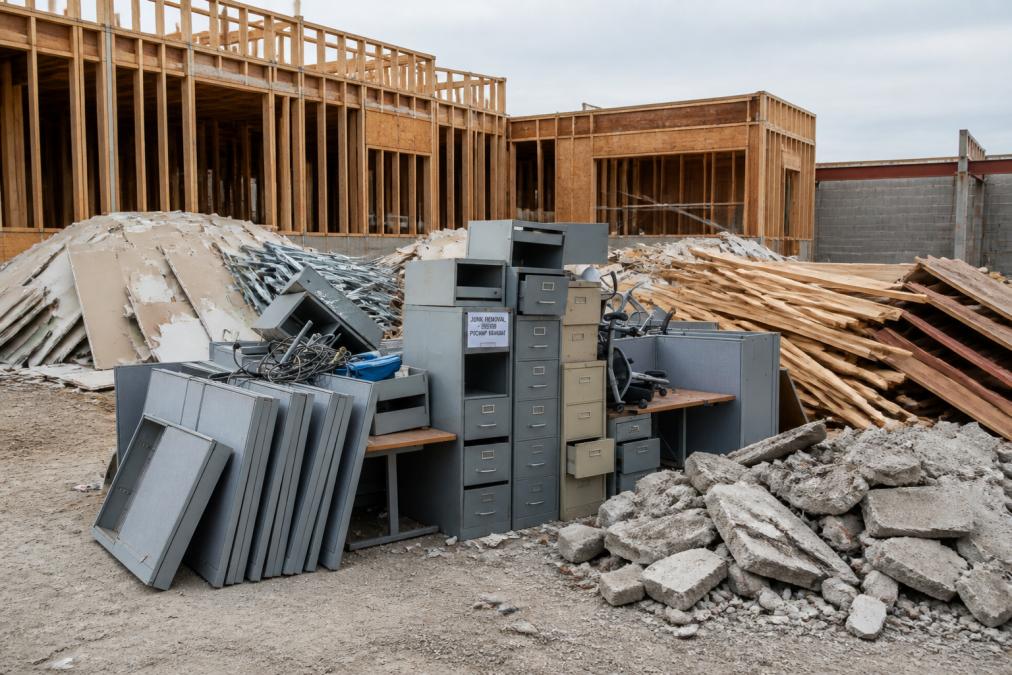 Job site with piles of mixed construction debris including drywall sheets, wood framing lumber, metal scraps, concrete chunks, and roofing materials stacked and ready for professional removal