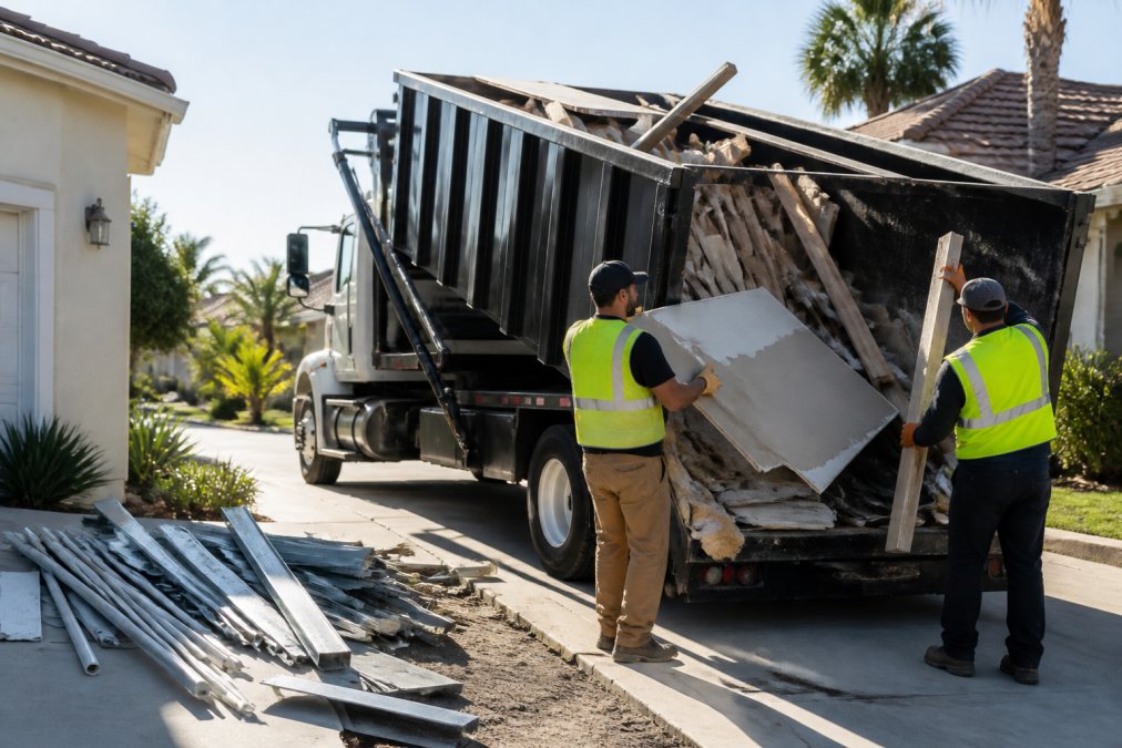 Professional junk removal crew in safety vests loading construction waste including drywall, wood, and metal scraps into a roll-off dumpster truck backed into a residential driveway on a sunny day