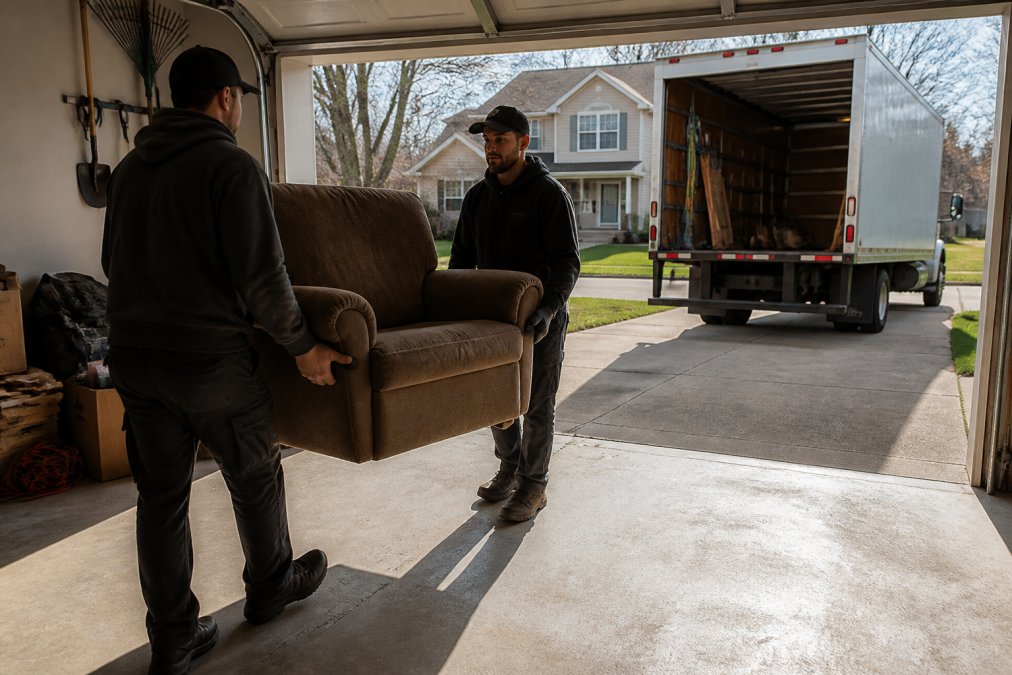 Two uniformed crew members removing a bulky armchair during garage cleanouts from a sunlit residential space.