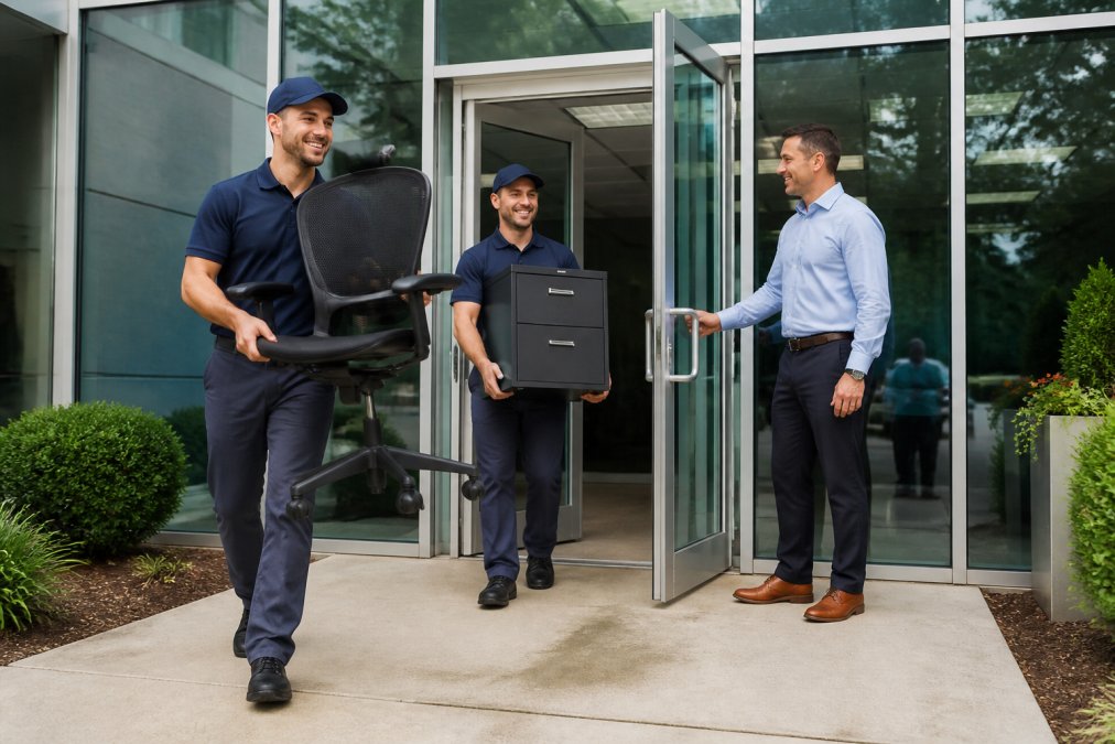 Uniformed crew performing junk removal for office furniture by moving a chair and cabinet out of an office building.
