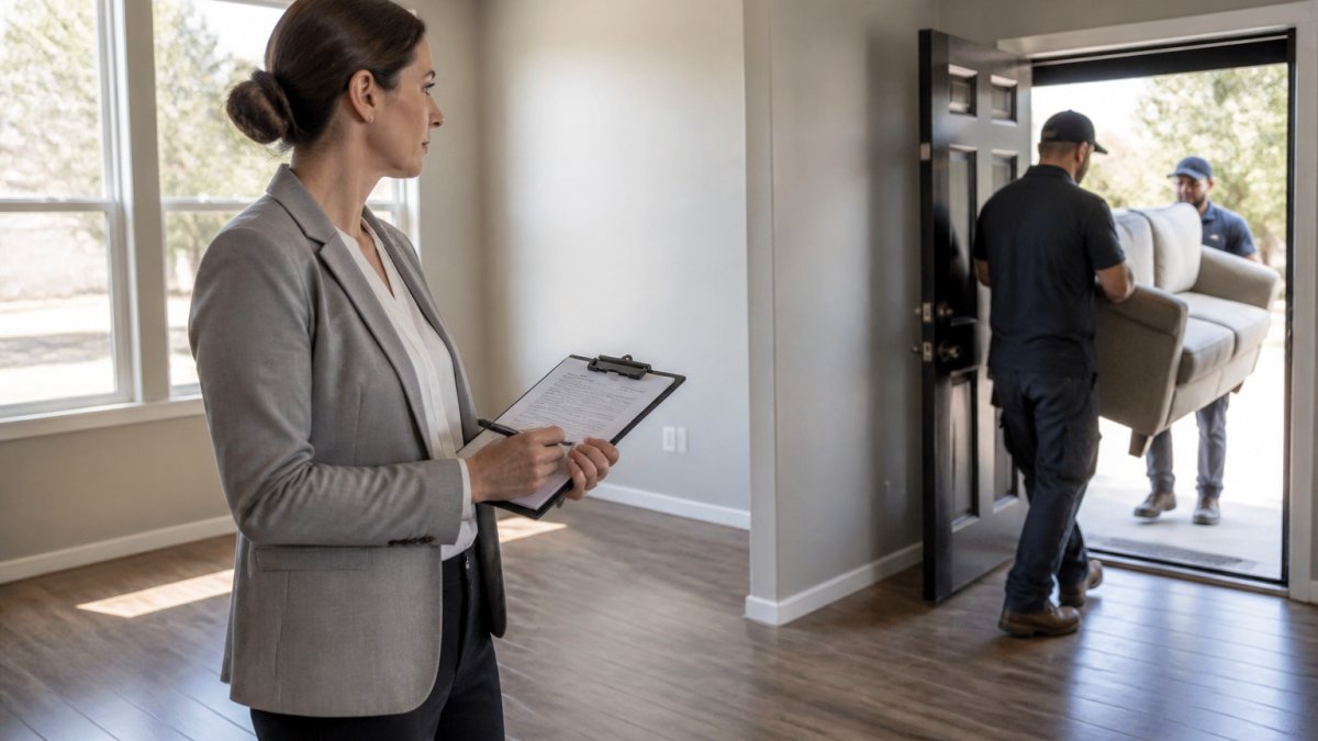 A property manager in business casual clothing holding a clipboard and inspecting an empty apartment unit while a junk removal crew carries a sofa out through the open door, afternoon light through the windows