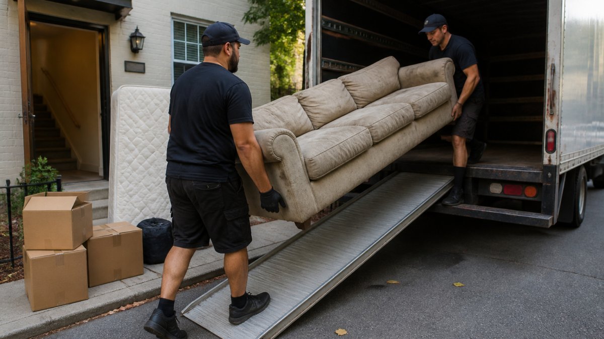 A hauling crew loading a worn sofa, mattress, and boxed household items from a rental unit into a box truck parked in a residential driveway, with the open front door of the unit visible in the background