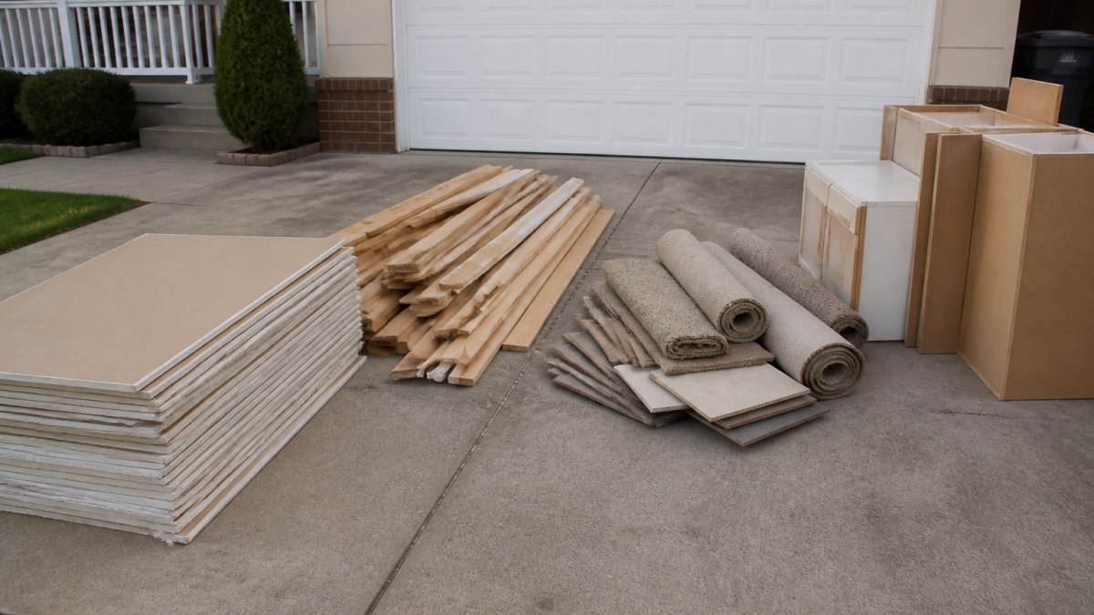 Residential driveway with various renovation materials neatly organized and separated into distinct piles: stack of drywall sheets, bundle of wood scraps and trim pieces, pile of old flooring tiles and carpet rolls, and cabinet pieces arranged in an orderly fashion ready for pickup