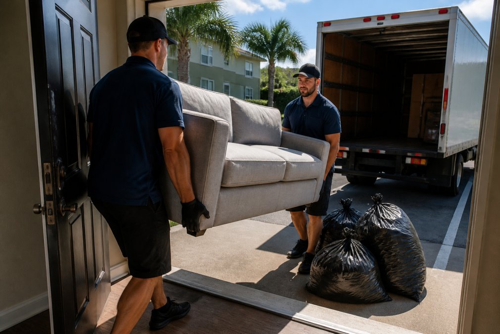 Two-person professional junk removal crew in matching uniforms loading a heavy sectional sofa and black garbage bags from an empty, sunlit apartment unit through an open front door onto a white box truck parked in a Florida parking lot, midday sun casting sharp shadows