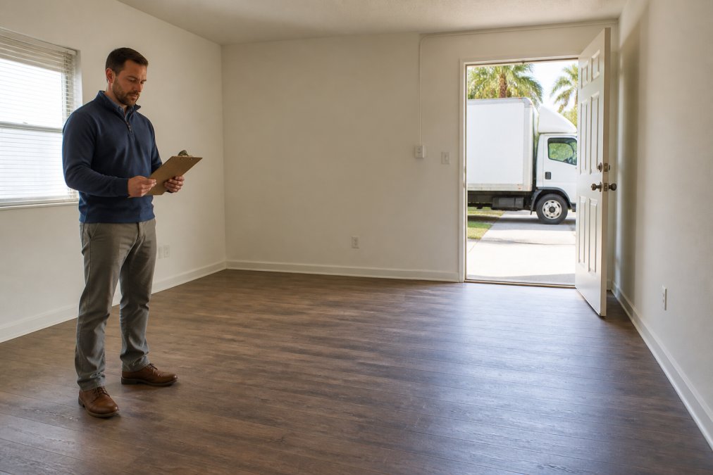 A property manager in business casual attire, clipboard in hand, reviewing a printed checklist while standing in a completely cleared apartment unit with white walls and bare floors, a white junk removal truck visible through the open front door in bright Florida afternoon light