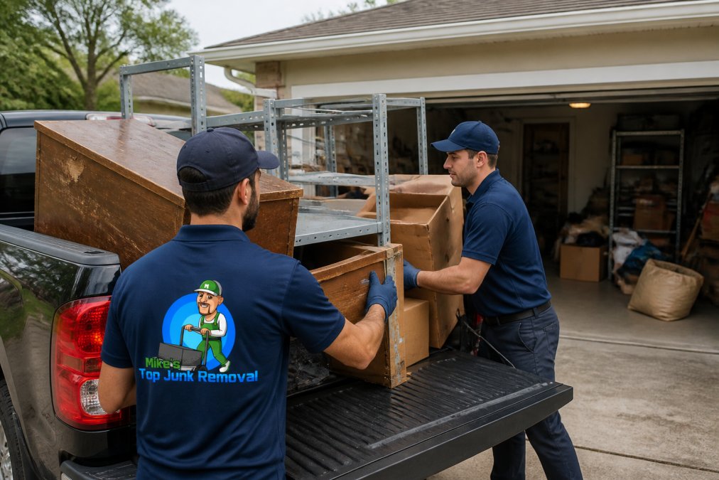 Step-by-step infographic showing a team removing furniture and clutter from a residential garage for disposal.