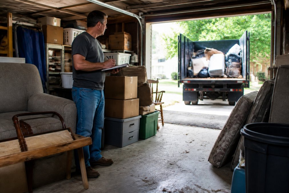 Homeowner assessing garage clutter with a notepad as junk removal pricing estimates are prepared nearby