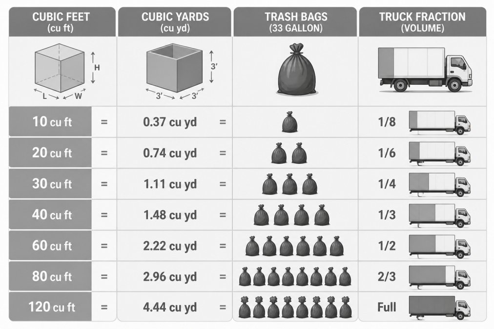 Conversion chart comparing cubic yards, feet, and truck loads to help calculate junk removal pricing.