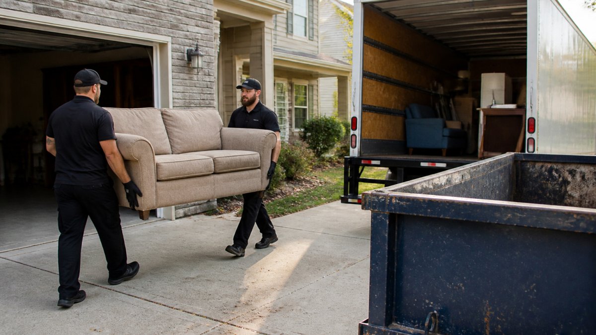 Two-person junk removal crew carrying a sofa from a suburban garage, illustrating junk removal vs dumpster rental.