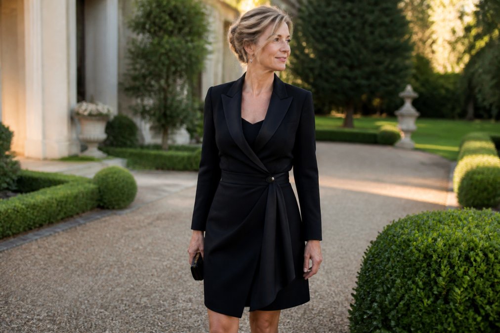Vrouw in elegante zwarte blazerjurk met satijnen stof, staande in een formele tuinomgeving met zacht ochtendlicht, jasje perfect passend rond de taille